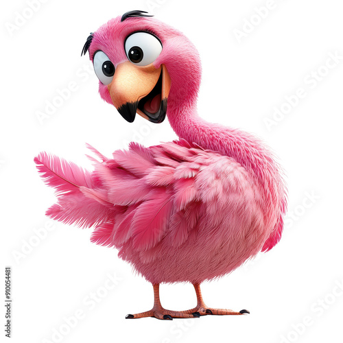 A pink flamingo with a big smile on its face. The flamingo is standing on a white background photo