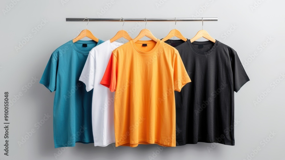 A collection of colorful t-shirts hanging on a rack, showcasing vibrant hues ideal for casual wear and fashion photography. A collection of colorful t-shirts hanging on a rack, showcasing vibrant hues ideal for casual wear and fashion photography.