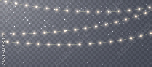 Christmas lights isolated on checkered vector background. Set of Christmas glowing garlands. For advertising invitations, web banners, postcards. Vector