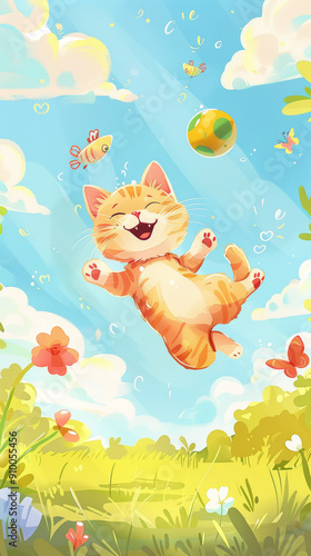 Under a bright background, a lively cat is playing, showing a carefree childlike interest, suitable for pet stores, online shop advertising background and mobile phone wallpaper