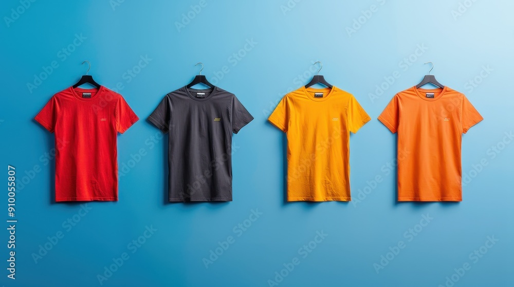 A vibrant collection of t-shirts in red, gray, and orange hanging against a bright blue wall, showcasing modern fashion styles. A vibrant collection of t-shirts in red, gray, and orange hanging against a bright blue wall, showcasing modern fashion styles.