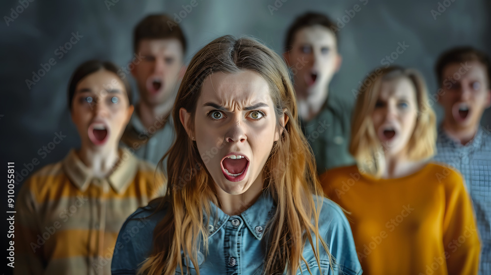 A powerful image of a group of people expressing anger and frustration, with the central figure shouting directly at the camera. The intense emotions captured highlight themes of protest, outrage, or A powerful image of a group of people expressing anger and frustration, with the central figure shouting directly at the camera. The intense emotions captured highlight themes of protest, outrage, or