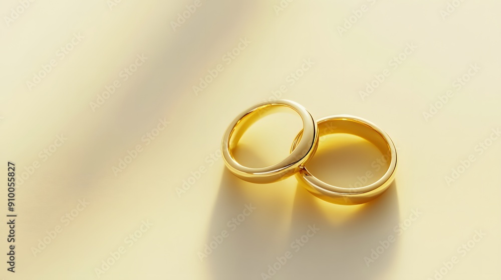 Pale yellow background, gold wedding rings, minimalist composition, soft lighting, close-up shot, jewelry photography, high resolution, photorealistic render clean aesthetic. Pale yellow background, gold wedding rings, minimalist composition, soft lighting, close-up shot, jewelry photography, high resolution, photorealistic render clean aesthetic.