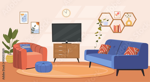 Living room interior. Comfortable sofa, chair, TV and house plants. Vector flat cartoon illustration