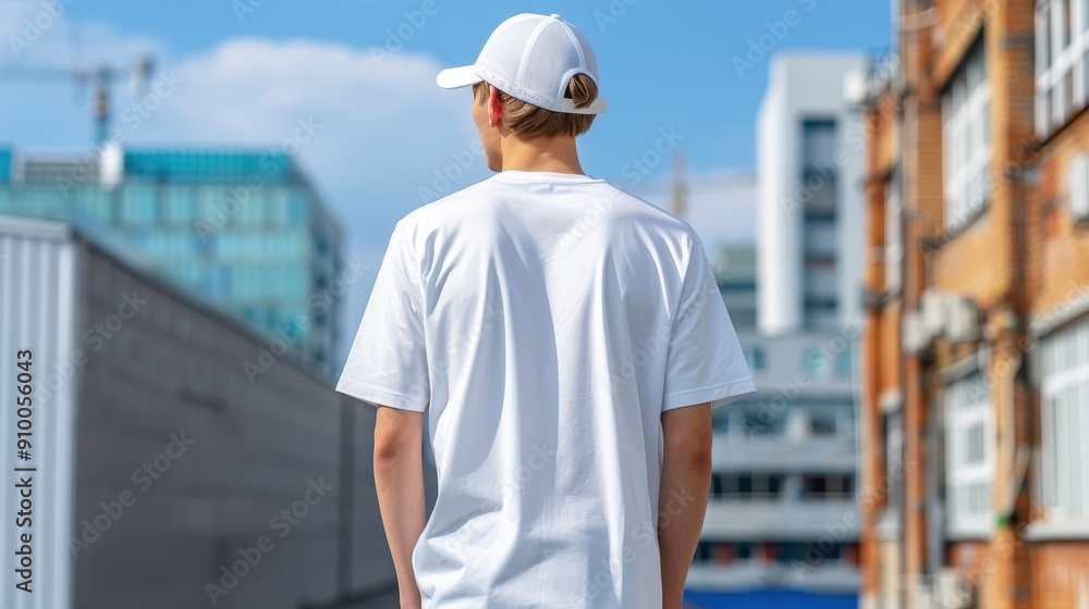 A young man in a white t-shirt and cap stands outdoors, facing a modern urban landscape under a clear blue sky. A young man in a white t-shirt and cap stands outdoors, facing a modern urban landscape under a clear blue sky.