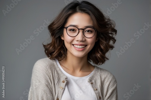 professional studio portrait of a smiling asian woman with glasses 