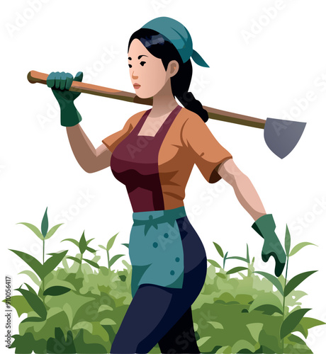 Female farmer walking and carrying axe on her shoulder