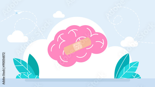 A medical plaster is stuck on the man's brain. Flat design. Human brain. Problems with mind and memory. Bruises and medical patch. Treatment of organ. Beating and trauma. Vector illustration