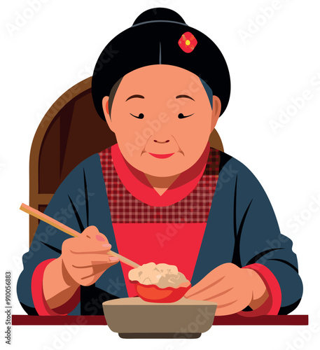 Elderly asian woman enjoying traditional meal with chopsticks