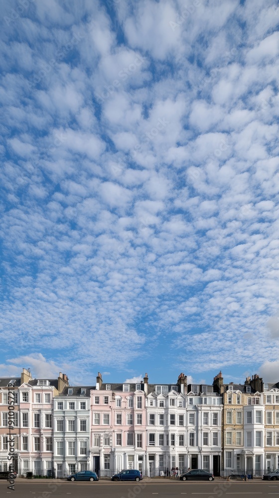 A vibrant row of Victorian townhouses showcases a mix of red, brown, and blue facades against a bright blue sky, highlighting unique architectural details A vibrant row of Victorian townhouses showcases a mix of red, brown, and blue facades against a bright blue sky, highlighting unique architectural details