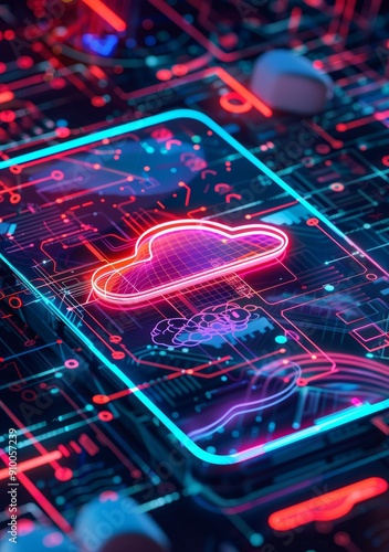 Futuristic Cloud Computing Concept with Neon Lights on Digital Circuit Board Background