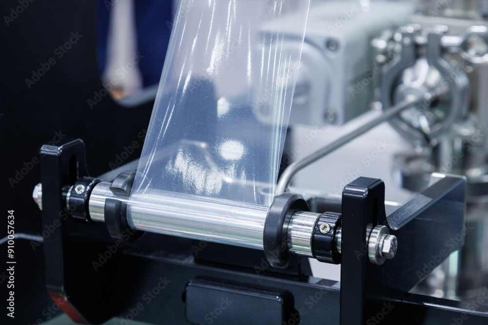 roll of plastic packaging film on the automatic packing machine in food ...