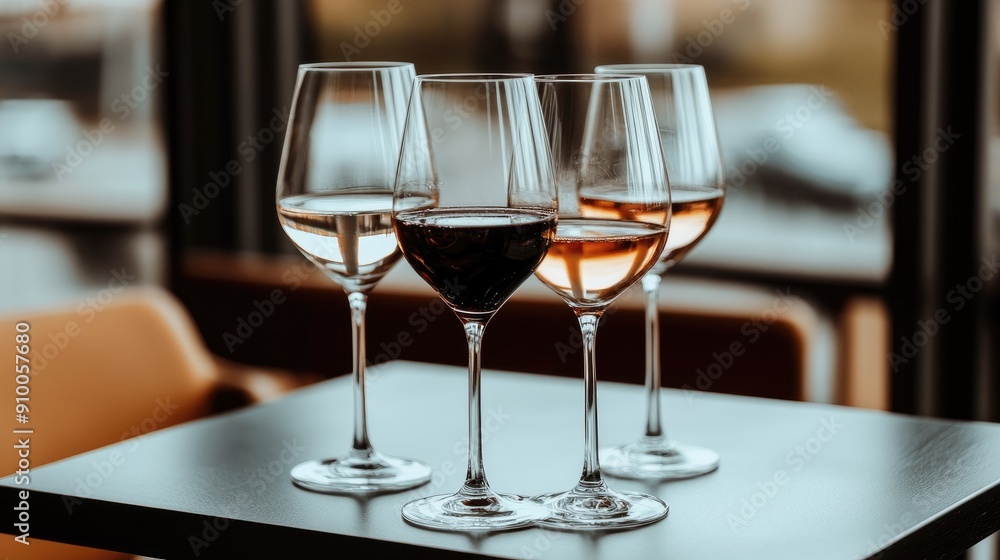 Four beautifully arranged wine glasses showcasing different varieties sit on a sleek table in a warm, inviting restaurant environment. Four beautifully arranged wine glasses showcasing different varieties sit on a sleek table in a warm, inviting restaurant environment.