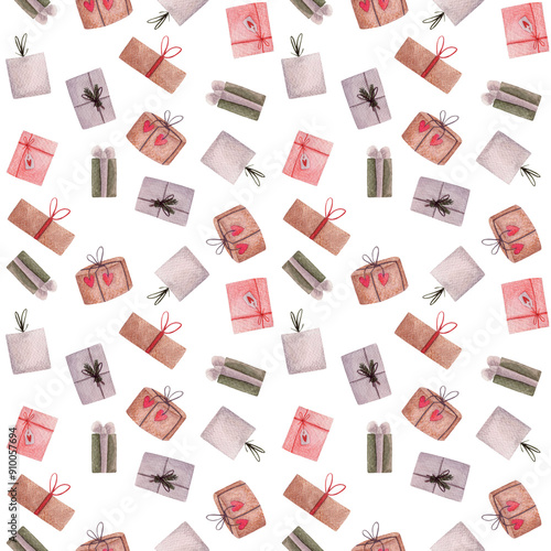 Watercolor seamless pattern of gift boxes.Colorful elements isolated on white background.