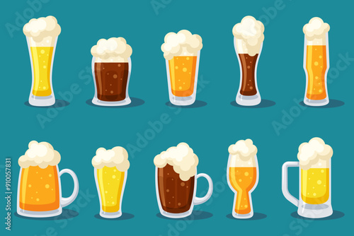Pint ​​of beer. Set of cold carbonated drinks for Oktoberfest. Cartoon flat illustration