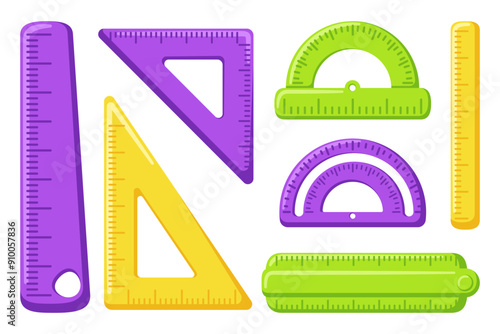 Cute school rulers set. Protractor, triangular and straight ruler for geometry and math lessons.