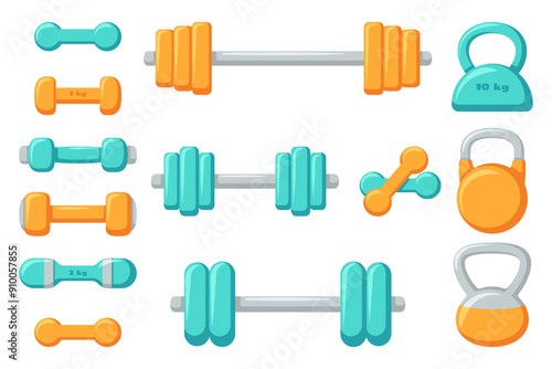Set of dumbbells, barbells and kettlebells. Sports equipment. Simple flat illustrations.