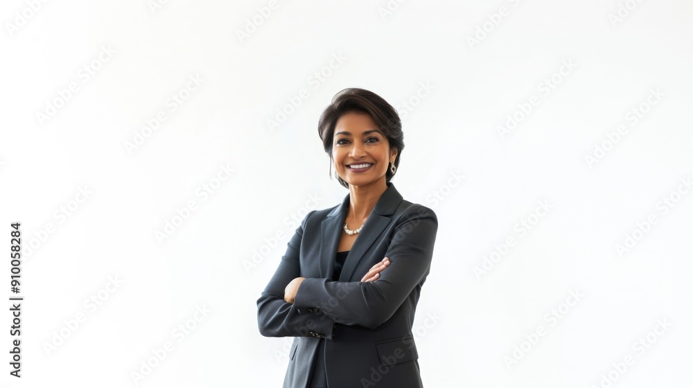 Portrait of 50s middle eastern mature businesswoman, business lady standing with crossed arms isolated on white background. Smiling young Arabian or Indian woman in suit, looking at camera, copy space Portrait of 50s middle eastern mature businesswoman, business lady standing with crossed arms isolated on white background. Smiling young Arabian or Indian woman in suit, looking at camera, copy space