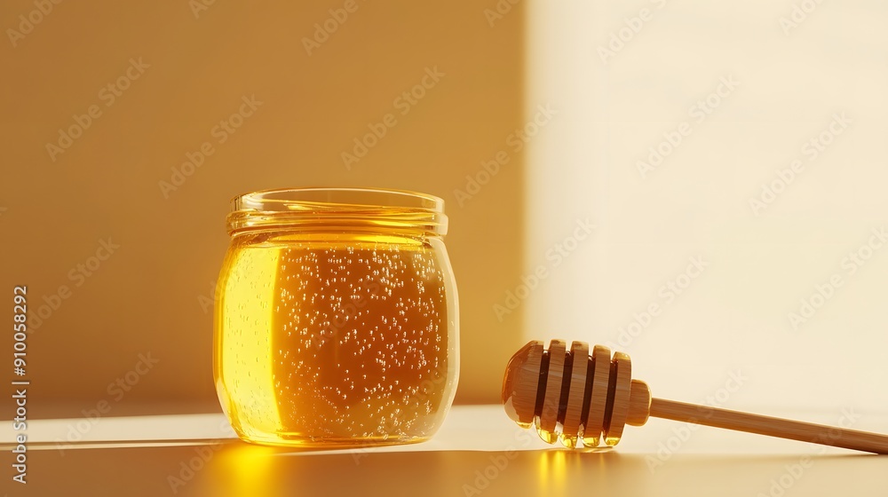 White wall background, glass honey jar, golden honey, honey dipper, condensation droplets, minimalist composition, soft lighting, warm glow, close-up shot, product photography. White wall background, glass honey jar, golden honey, honey dipper, condensation droplets, minimalist composition, soft lighting, warm glow, close-up shot, product photography.