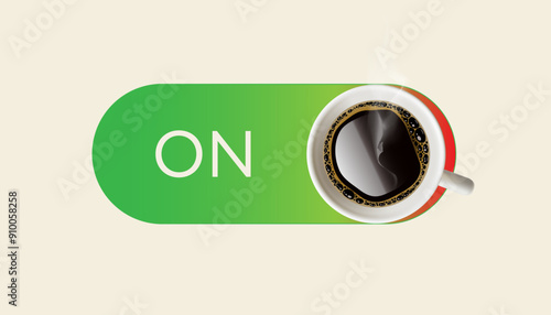 Coffee morning sliders. ON button with realistic white mug with americano or espresso drink, vector illustration