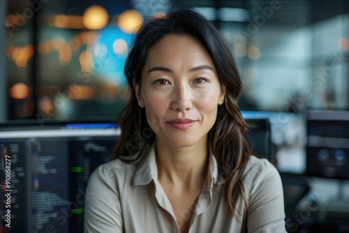 Wallpaper Mural A woman is situated in a professional setting surrounded by screens displaying financial data, emphasizing her role and expertise in finance and management within a corporate environment. Torontodigital.ca