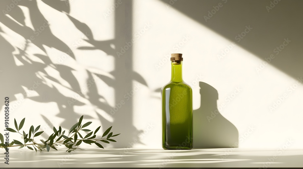 White wall background, olive oil bottle, sunlight streaming through window, shadow play, olive leaves, minimalist composition, kitchen counter, soft natural lighting, green glass bottle. White wall background, olive oil bottle, sunlight streaming through window, shadow play, olive leaves, minimalist composition, kitchen counter, soft natural lighting, green glass bottle.