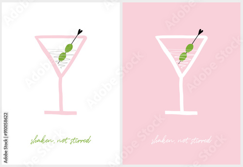 Cocktails with Green Olives. Shaken, Not Stirred. Funny Prints with Martini Drinks Hand Drawn on a White and Pastel Pink Background. Infantile Style Art with Pink Drinks.