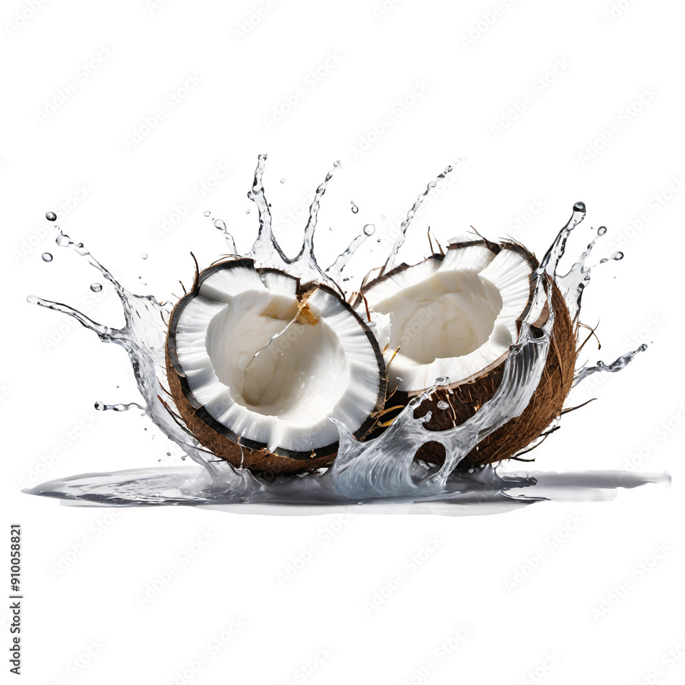 splash of coconut juice, Half open coconut with fresh white milk pouring from brown shell isolated on transparent background splash of coconut juice, Half open coconut with fresh white milk pouring from brown shell isolated on transparent background