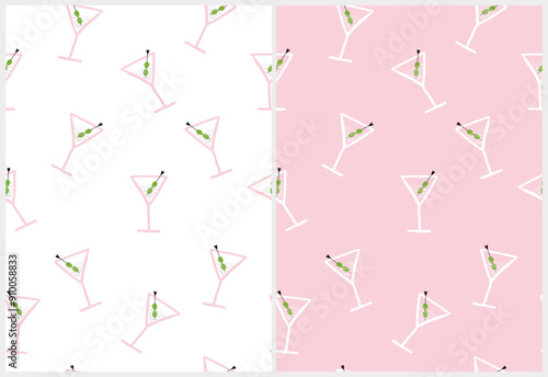 Simple Hand Drawn Seamless Pattern with Cocktails with Green Olives. Funny Endless Prints with Martini Drinks on a White and Pastel Pink Background. Infantile Style Party Repeatable Design.