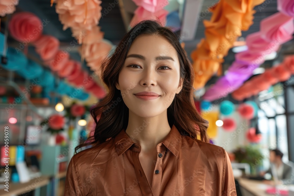 A cheerful woman standing in a beautifully decorated festive setting with colorful paper decorations in the background, smiling warmly and enjoying the joyful atmosphere. A cheerful woman standing in a beautifully decorated festive setting with colorful paper decorations in the background, smiling warmly and enjoying the joyful atmosphere.