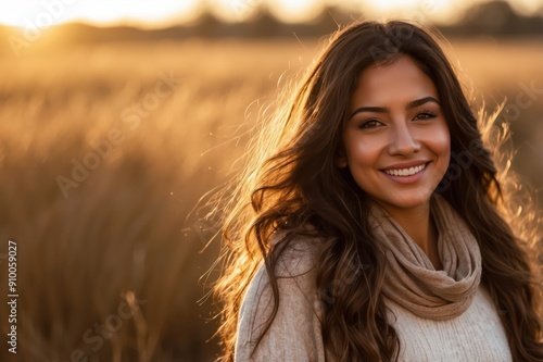 young woman smiling in golden hour light 