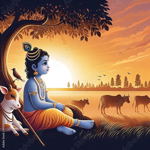 Shree, Krishna Janmashtami, Tranquil Nature Illustration. Janmashtami, Poster, Banner,
 photo