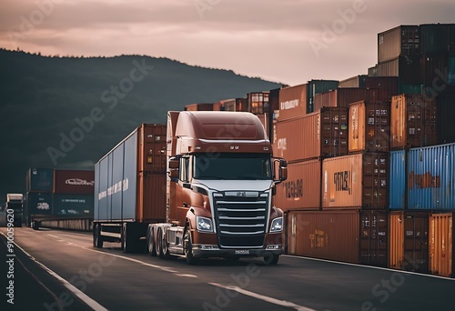 truck container bridge modern intermodal freight cargo road transportation highway trucking transport trailer lorry delivery traffic car business speed shipping industry