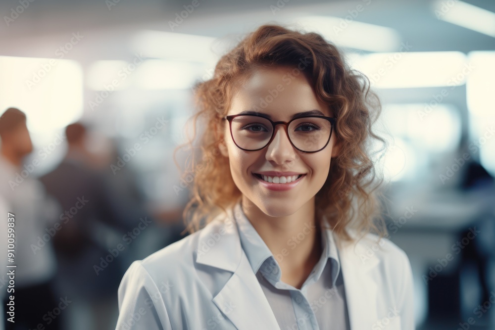 Fototapeta premium Beautiful young woman scientist wearing white coat and glasses in modern Medical Science Laboratory 