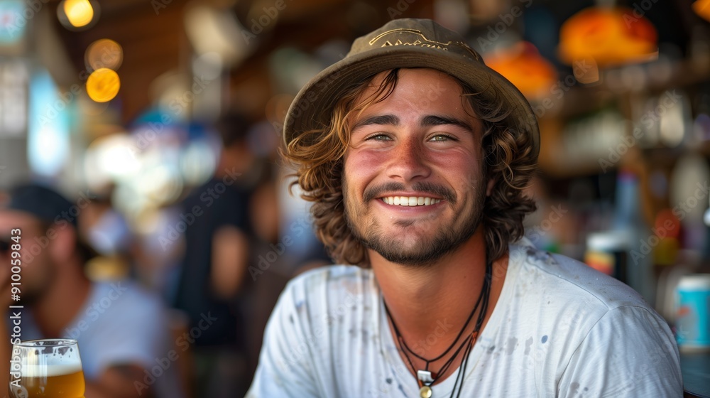 Obraz premium Young Man Smiling Cheerfully While Enjoying A Cold Beverage At A Busy Beach Bar