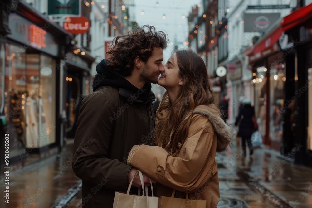 custom made wallpaper toronto digitalCouple in winter clothes holding shopping bags, having a romantic time on a festive, rain-soaked street lined with charming shops, lights, and decorations.