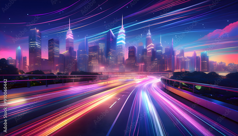 The street wonders streams of light trails, Generative AI. The street wonders streams of light trails, Generative AI.