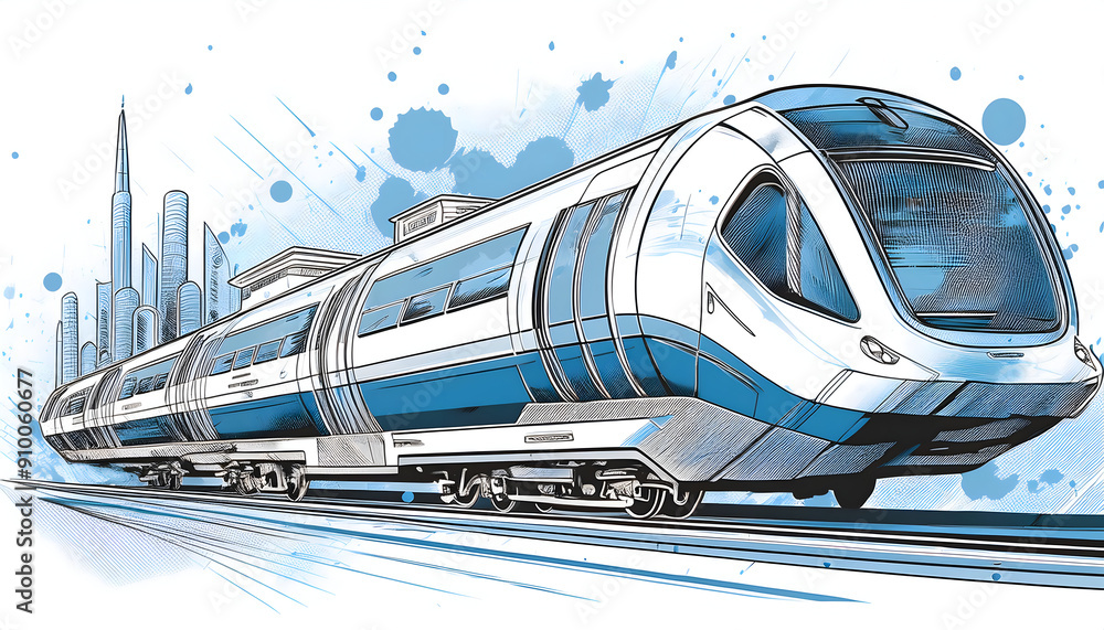 Fototapeta premium The features a futuristic scene of an industrial sky train and sky train with reflections.