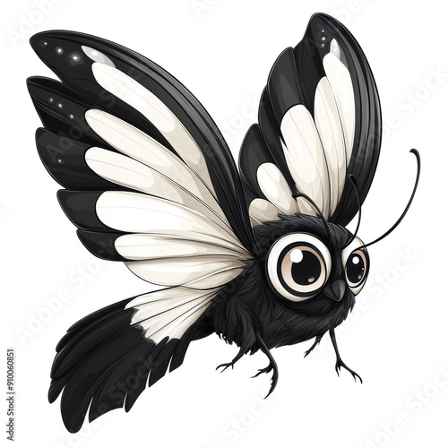 A black and white drawing of a butterfly with big eyes. The butterfly is flying in the air and has a fuzzy appearance photo