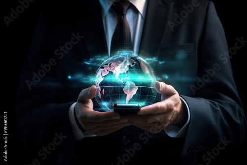 Wallpaper Mural Close up of businessman hand holding cellphone with creative glowing globe hologram Torontodigital.ca