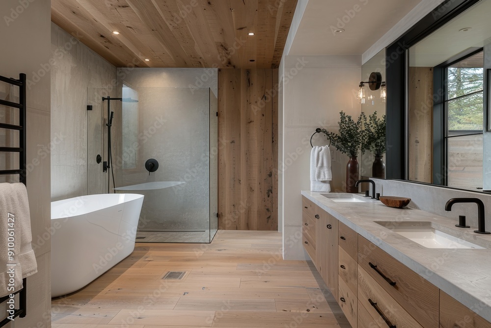 A contemporary bathroom featuring wood elements, a sleek glass shower with a black frame, a freestanding bathtub, and large mirror enhancing the space's elegance. A contemporary bathroom featuring wood elements, a sleek glass shower with a black frame, a freestanding bathtub, and large mirror enhancing the space's elegance.