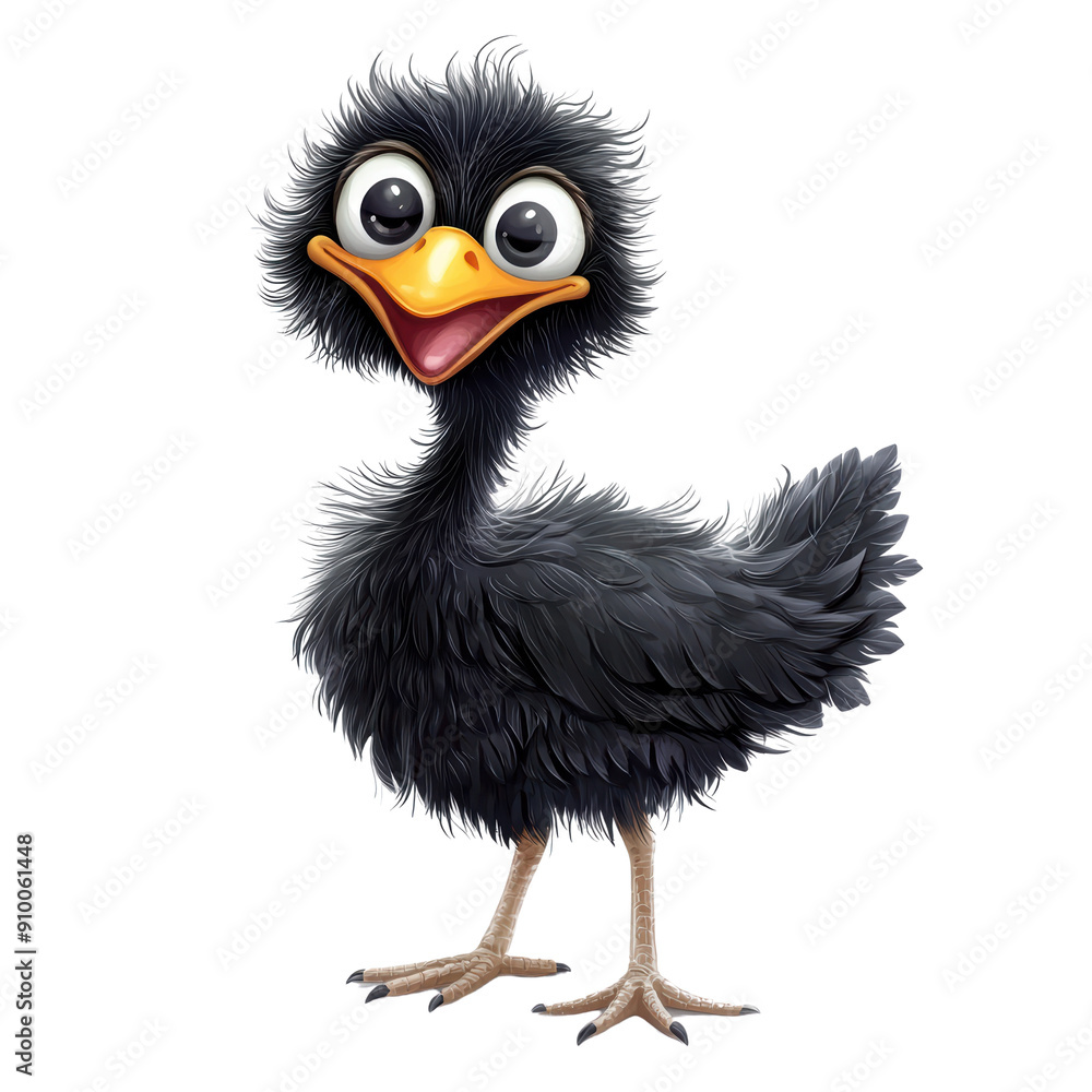 Obraz premium A cartoonish black bird with a big smile on its face. The bird is standing on a white background