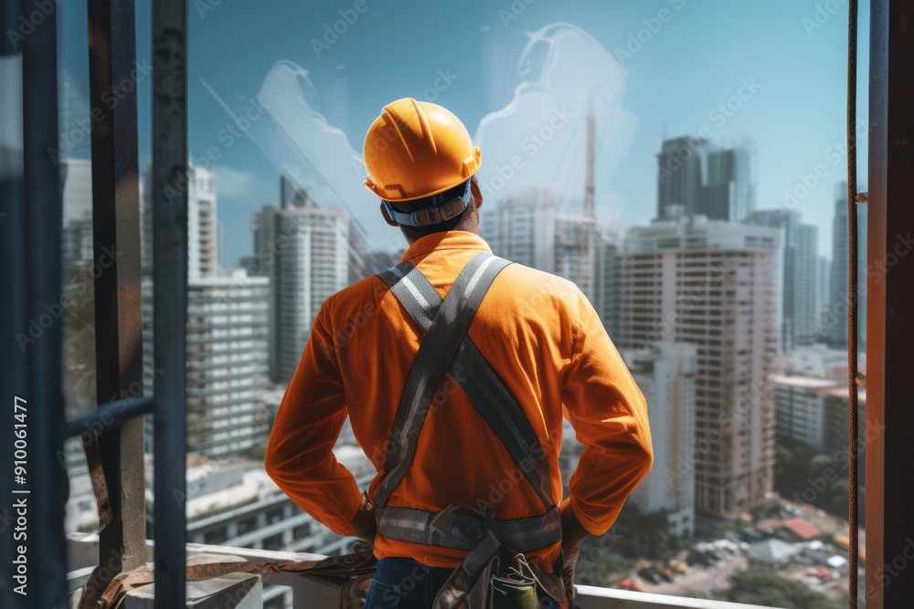 construction of a skyscraper, view of a worker in a orange helmet from behind, construction of a skyscraper, view of a worker in a orange helmet from behind,