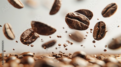 Coffee beans falling  on white background