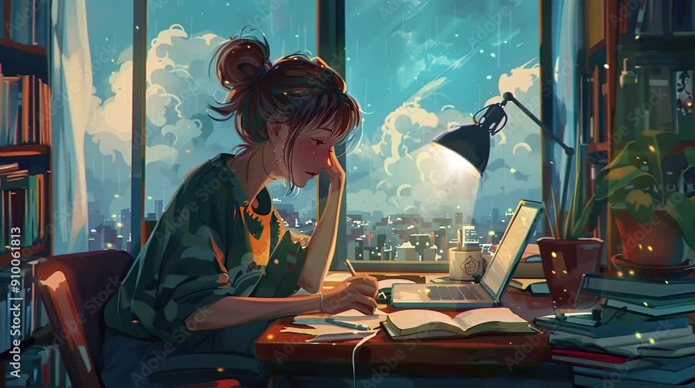 Anime girl typing on a laptop by the window in a cozy bedroom during the evening, with soft ambient light creating a serene atmosphe Seamless looping 4k time-lapse virtual video animation Generated AI Anime girl typing on a laptop by the window in a cozy bedroom during the evening, with soft ambient light creating a serene atmosphe Seamless looping 4k time-lapse virtual video animation Generated AI