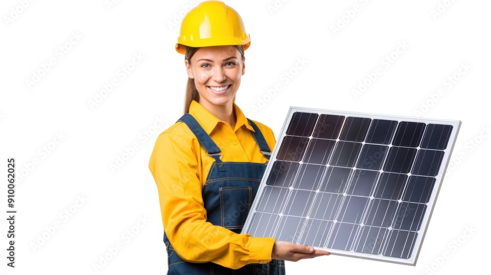 Female engineer holding a solar panel isolated on white background Female engineer holding a solar panel isolated on white background