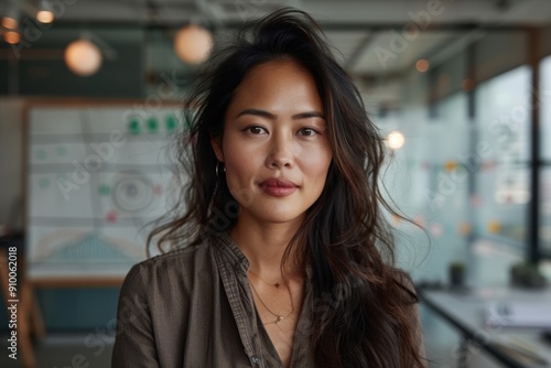 A businesswoman with long, dark hair wearing a brown shirt, portrayed with a focused expression, standing in a modern office marked by a light, airy background.