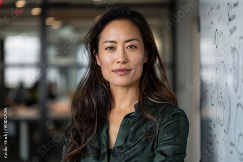 Wallpaper Mural A professional woman with long, dark hair dressed in a green shirt, posed against a backdrop of an office setting featuring glass walls and whiteboards. Torontodigital.ca