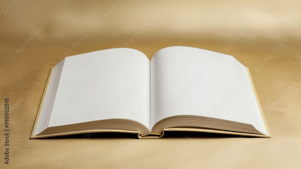 A pristine white hardcover book lies open on a golden surface, its blank pages inviting endless possibilities for creativity and expression. Ideal for designers and writers. A pristine white hardcover book lies open on a golden surface, its blank pages inviting endless possibilities for creativity and expression. Ideal for designers and writers.