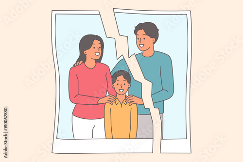 Portrait of divorced married couple with boy, with gap in middle, for concept of quarrel spouses